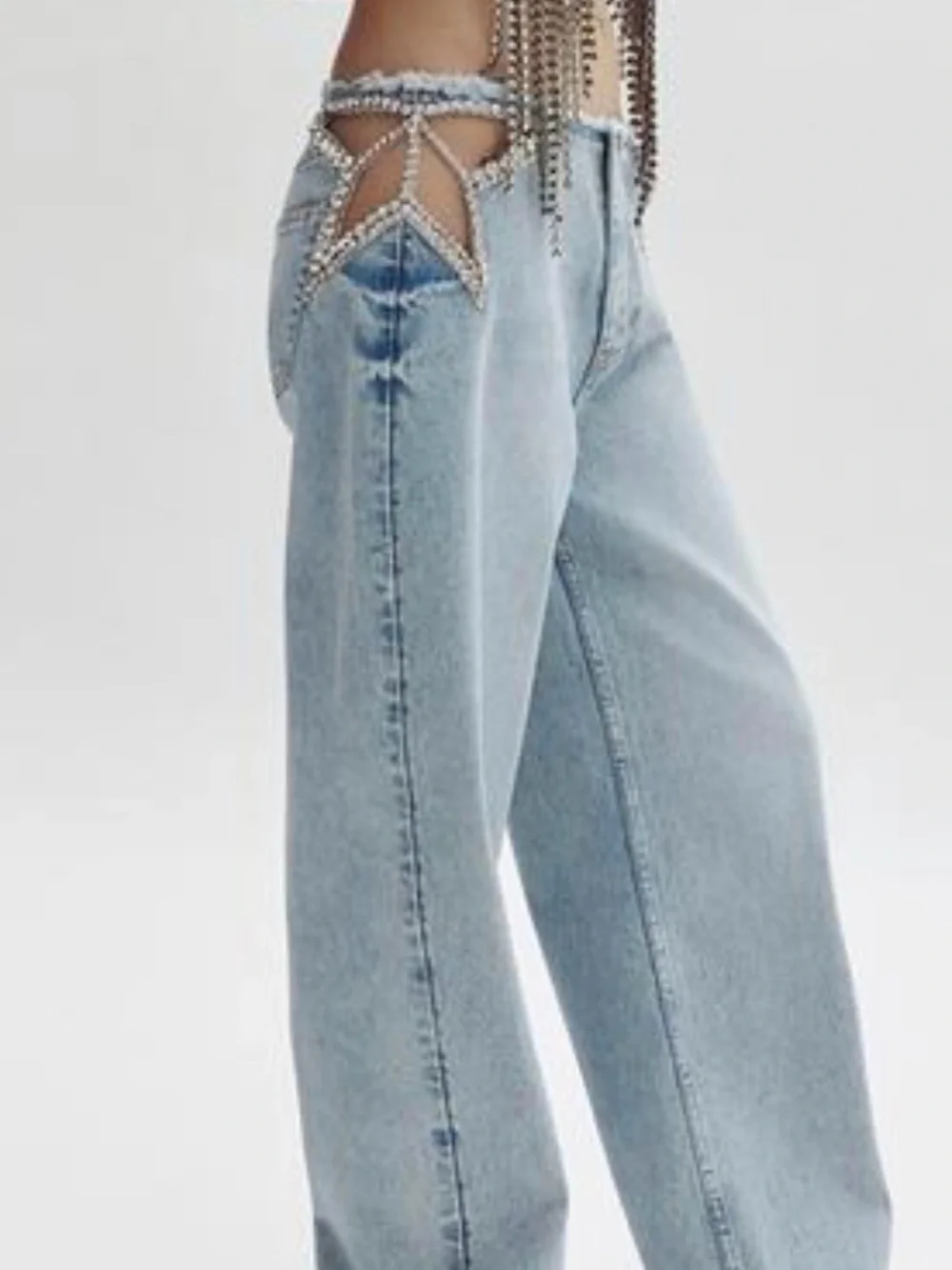 H&M Stella McCartney Light Denim Blue Crystal-Star Straight-Leg Jeans - Picture 2 of 2